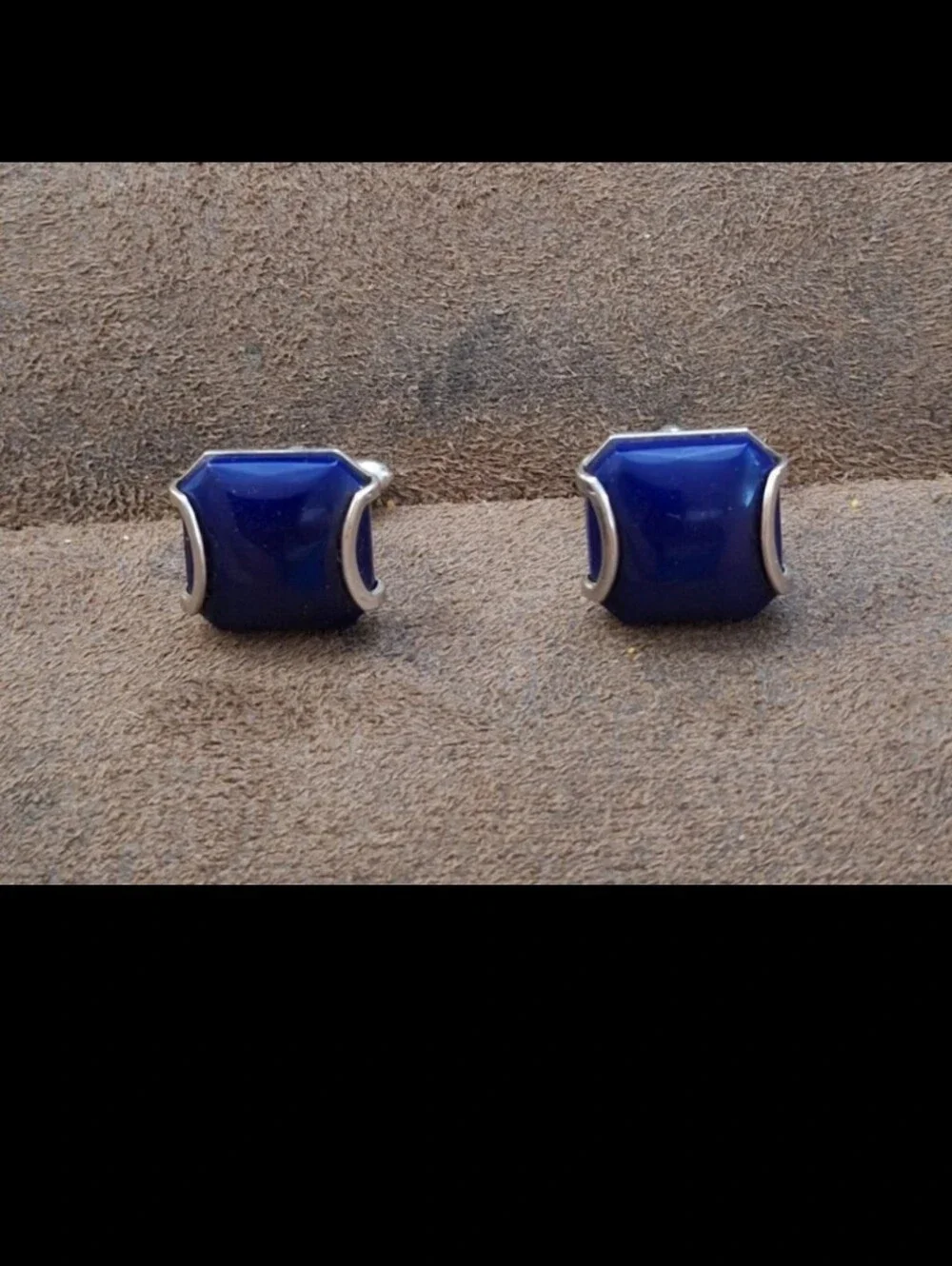 Exquisite Rare HTF Vintage Mid Century Silver Frame Swank Blue Glass Cufflinks